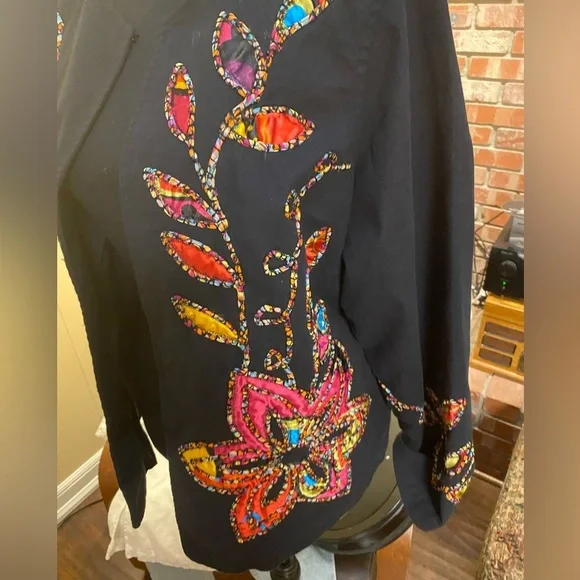 Choices Black Embroidered Appliques Open Front Long Sleeve Jacket - Picture 6 of 6